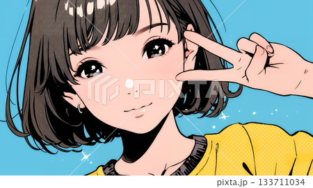 笑顔でピースサインを見せる若い女性