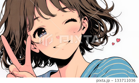 笑顔でピースサインを見せる若い女性