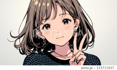 笑顔でピースサインを見せる若い女性