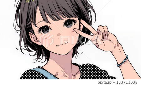 笑顔でピースサインを見せる若い女性