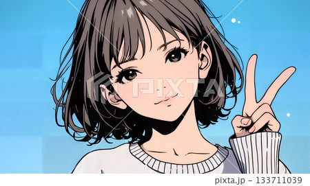 笑顔でピースサインを見せる若い女性