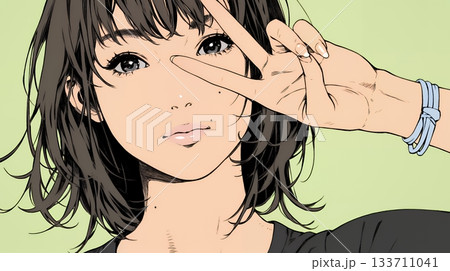 笑顔でピースサインを見せる若い女性