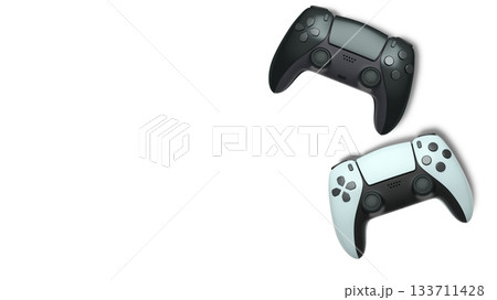 Wireless gaming controllers flying in air isolated on white background, symbolizing gaming technology concept 133711428