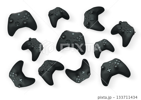 Wireless gaming controllers flying in air isolated on white background, symbolizing gaming technology concept 133711434