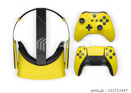 Virtual reality headset with gaming controllers, isolated on white background with clipping path, concept of immersive gaming Virtual reality headset with gaming controllers, isolated on white background with clipping path, concept of immersive gaming 133711447