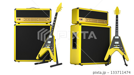 Set of amplifier with acoustic guitar isolated on white background. 133711474