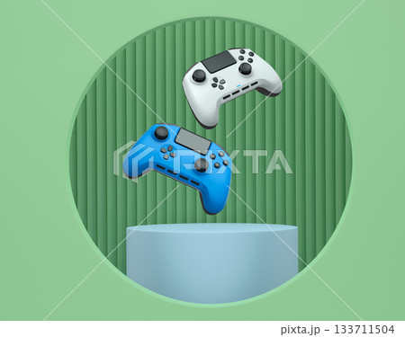 Colorful gaming controllers joystick levitating over podium against abstract background, minimalist concept device on pedestal Colorful gaming controllers joystick levitating over podium against abstract background, minimalist concept device on pedestal 133711504