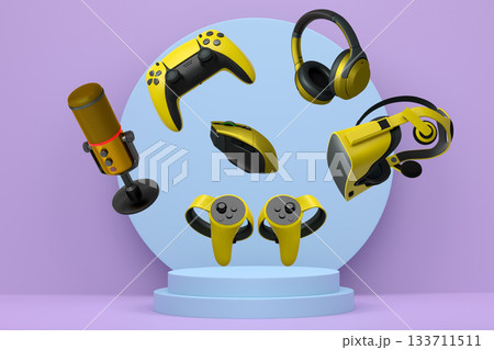 Assorted gaming gadgets like controllers, VR headset, mouse, and mic floating above circular podium and white platform 133711511