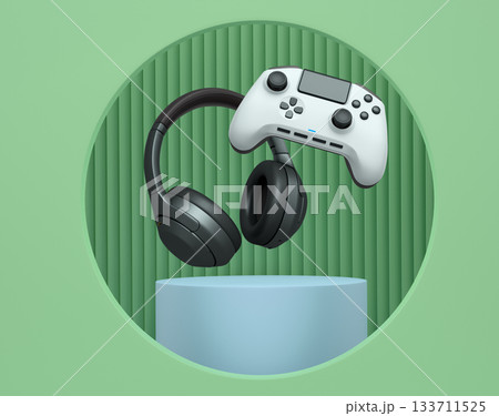 Wireless gaming controller and headphones displayed over podium on abstract background, concept of modern gaming technology Wireless gaming controller and headphones displayed over podium on abstract background, concept of modern gaming technology 133711525