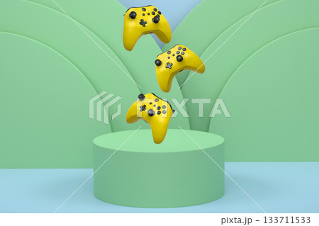 Colorful gaming controllers joystick levitating over podium against abstract background, minimalist concept device on pedestal Colorful gaming controllers joystick levitating over podium against abstract background, minimalist concept device on pedestal 133711533