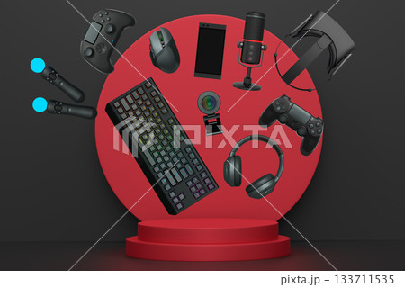 Multiple gaming devices and accessories floating above podium against abstract background, concept of modern gaming tech 133711535