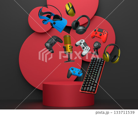 Multiple gaming devices and accessories floating above podium against abstract background, concept of modern gaming tech Multiple gaming devices and accessories floating above podium against abstract background, concept of modern gaming tech 133711539