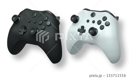 Wireless gaming controllers flying in air isolated on white background, symbolizing gaming technology concept Wireless gaming controllers flying in air isolated on white background, symbolizing gaming technology concept 133711558