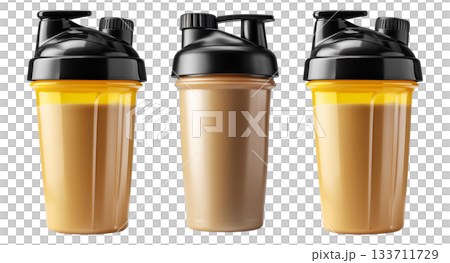 Shaker cup filled with chocolate protein shake, isolated on white transparent background, concept of fitness nutrition Shaker cup filled with chocolate protein shake, isolated on white transparent background, concept of fitness nutrition 133711729