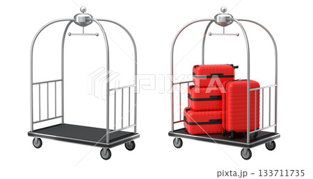 Set of Regular suitcase on hotel trolley cart for carrying baggage on white background 133711735