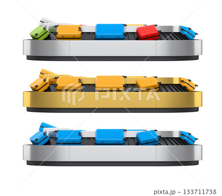 Set of Airport luggage conveyor belt or baggage claim area with suitcases on white. 133711738