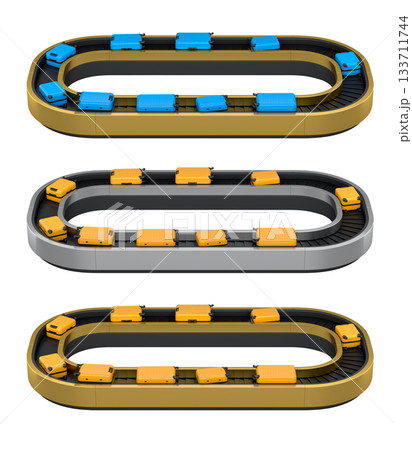 Set of Airport luggage conveyor belt or baggage claim area with suitcases on white. 133711744