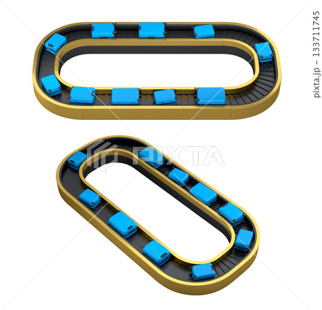 Set of Airport luggage conveyor belt or baggage claim area with suitcases on white. 133711745