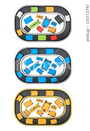 Set of Airport luggage conveyor belt or baggage claim area with suitcases on white. 133711747