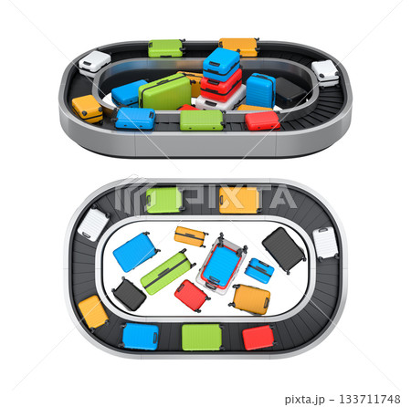Set of Airport luggage conveyor belt or baggage claim area with suitcases on white. Set of Airport luggage conveyor belt or baggage claim area with suitcases on white. 133711748