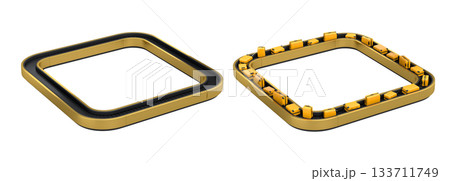 Set of Airport luggage conveyor belt or baggage claim area with suitcases on white. 133711749