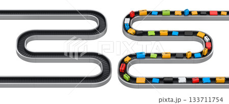 Set of Airport luggage conveyor belt or baggage claim area with suitcases on white. 133711754