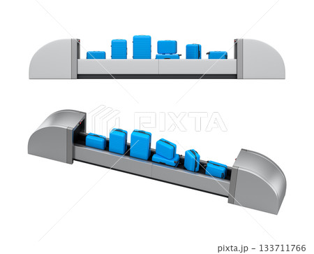 Set of Airport luggage conveyor belt or baggage claim area with suitcases on white. 133711766