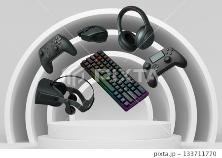 Gaming controllers, keyboard, headset, VR gear, and mouse floating above podium, digital art style, with abstract backdrop 133711770