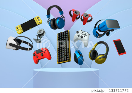 Multiple gaming devices and accessories floating above podium against abstract background, concept of modern gaming tech 133711772