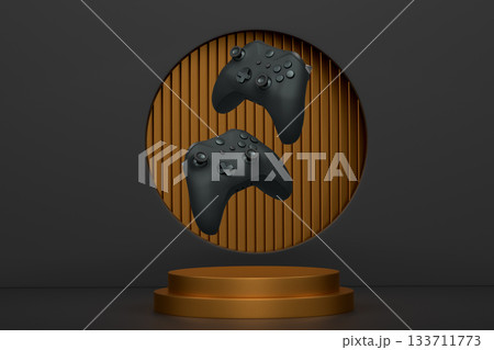 Colorful gaming controllers joystick levitating over podium against abstract background, minimalist concept device on pedestal 133711773