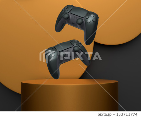 Colorful gaming controllers joystick levitating over podium against abstract background, minimalist concept device on pedestal 133711774