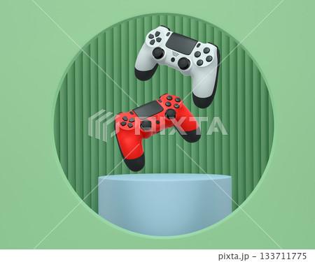 Colorful gaming controllers joystick levitating over podium against abstract background, minimalist concept device on pedestal 133711775