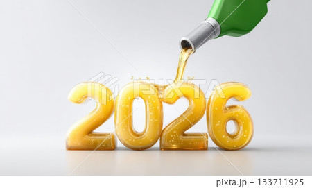 Hyper-realistic 3D illustration of glowing translucent yellow 2026 numbers filled with liquid petrol, showcasing glossy textures and condensation droplets Hyper-realistic 3D illustration of glowing translucent yellow 2026 numbers filled with liquid petrol, showcasing glossy textures and condensation droplets 133711925
