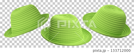 Set of woven straw hats shown from different angles isolated on white background, showcasing summer fashion accessories 133712000