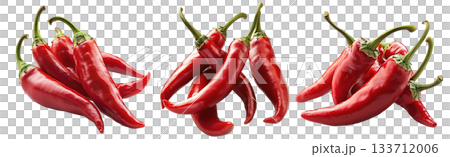 Fresh red chili peppers tied with string, isolated on a white transparent background. Spicy food and cooking ingredient concept Fresh red chili peppers tied with string, isolated on a white transparent background. Spicy food and cooking ingredient concept 133712006