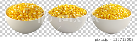 Bowl of yellow corn kernels isolated on white transparent background, concept of healthy food. 133712008