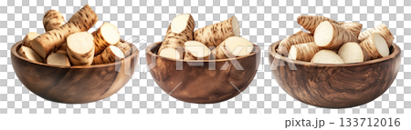 Freshly cut taro root pieces in wooden bowl isolated on white transparent background. Concept of organic food, tropical vegetables, and healthy nutrition Freshly cut taro root pieces in wooden bowl isolated on white transparent background. Concept of organic food, tropical vegetables, and healthy nutrition 133712016