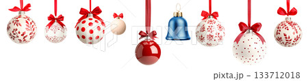 Various Christmas ornaments including baubles, stars, pine cone isolated on white background, New Yeaw and Christmas holidays 133712018