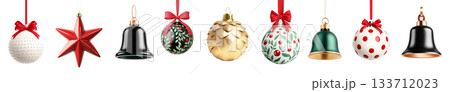 Various Christmas ornaments including baubles, stars, pine cone isolated on white background, New Yeaw and Christmas holidays Various Christmas ornaments including baubles, stars, pine cone isolated on white background, New Yeaw and Christmas holidays 133712023