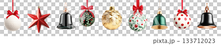 Various Christmas ornaments including baubles, stars, pine cone isolated on white background, New Yeaw and Christmas holidays Various Christmas ornaments including baubles, stars, pine cone isolated on white background, New Yeaw and Christmas holidays 133712023