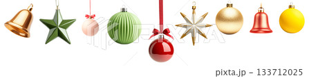 Various Christmas ornaments including baubles, stars, pine cone isolated on white background, New Yeaw and Christmas holidays Various Christmas ornaments including baubles, stars, pine cone isolated on white background, New Yeaw and Christmas holidays 133712025