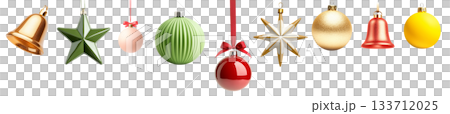 Various Christmas ornaments including baubles, stars, pine cone isolated on white background, New Yeaw and Christmas holidays Various Christmas ornaments including baubles, stars, pine cone isolated on white background, New Yeaw and Christmas holidays 133712025
