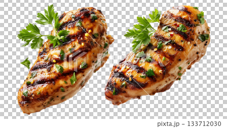 Grilled chicken breast garnished with herbs isolated on white background. Concept of healthy food and cooking simplicity 133712030