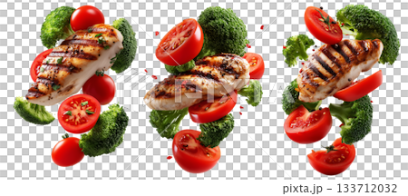 Grilled chicken breast with fresh broccoli florets and ripe tomatoes on white background. Concept of healthy food and fitness 133712032