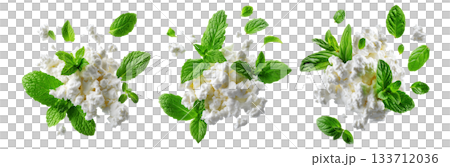 Fresh cottage cheese with green mint leaves, isolated on white background, concept of healthy food and freshness Fresh cottage cheese with green mint leaves, isolated on white background, concept of healthy food and freshness 133712036