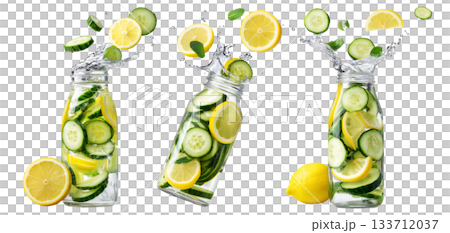 Sliced lemon, cucumber, and mint in glass jar with water splashing, isolated on white transparent background 133712037
