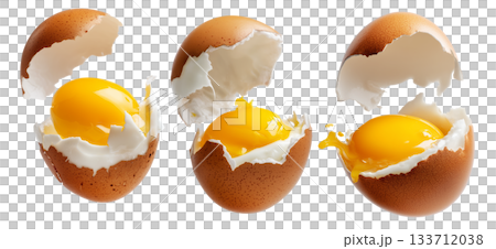Cracked brown egg with intact yolk and broken shell in high detail, isolated on white transparent background Cracked brown egg with intact yolk and broken shell in high detail, isolated on white transparent background 133712038