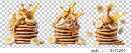 Stack of pancakes topped with banana slices and peanut butter splash isolated on white transparent background 133712044