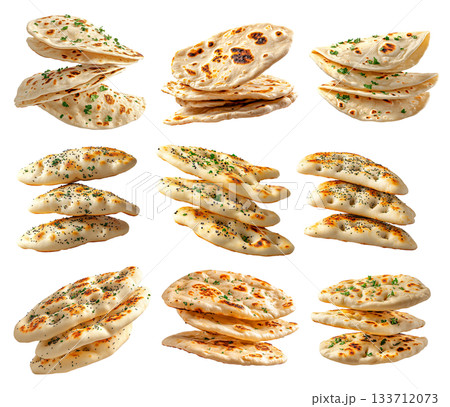 Set of naan bread showcasing its golden crust and herbs isolated on white transparent background, concept of food Set of naan bread showcasing its golden crust and herbs isolated on white transparent background, concept of food 133712073