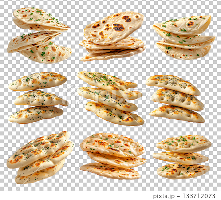 Set of naan bread showcasing its golden crust and herbs isolated on white transparent background, concept of food Set of naan bread showcasing its golden crust and herbs isolated on white transparent background, concept of food 133712073